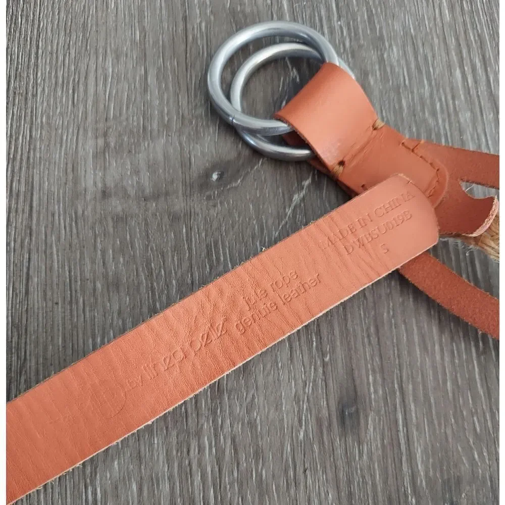 Linea Pelle Leather Link Jute Hip Sling Belt Sz S Orange Cream Ring Buckle Boho
